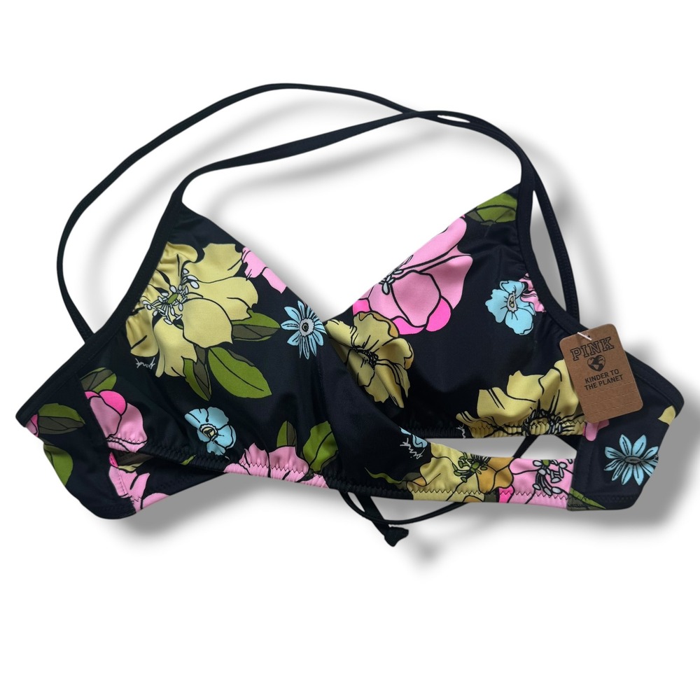 Victoria's Secret PINK Bikini Top Women Small Black Floral Wrap Triangle Swim